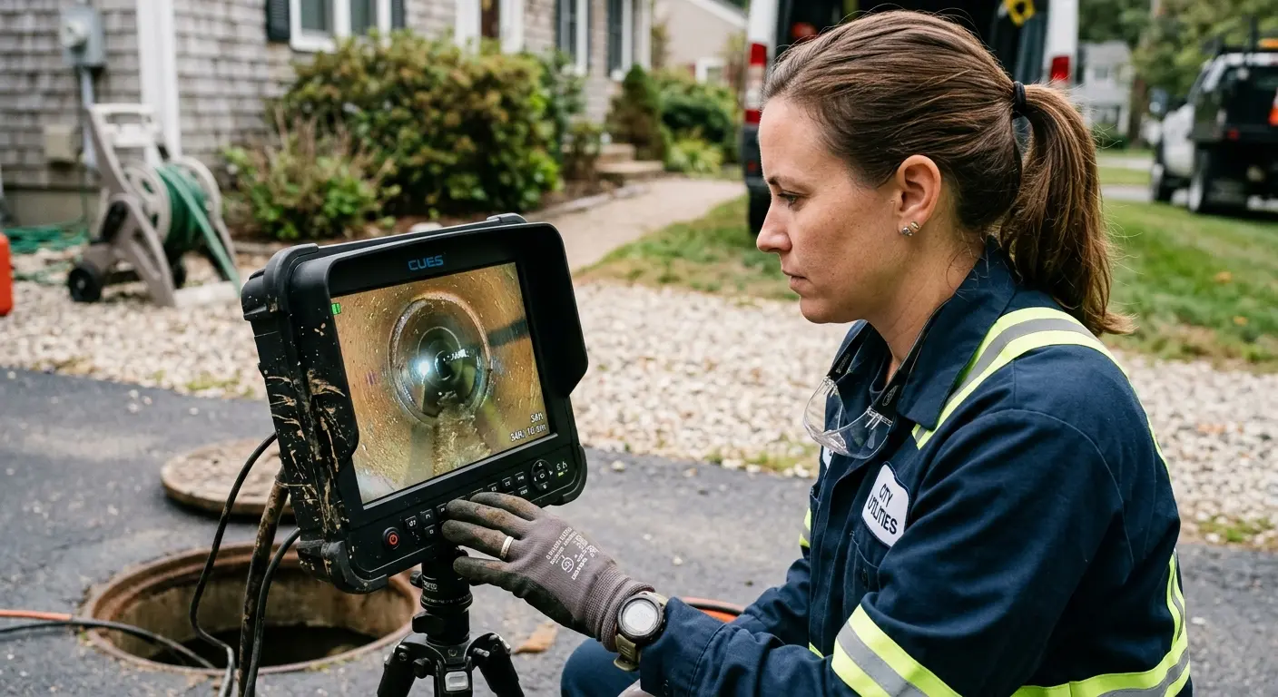 Technician reviewing sewer camera inspection footage in Sergeant Bluff