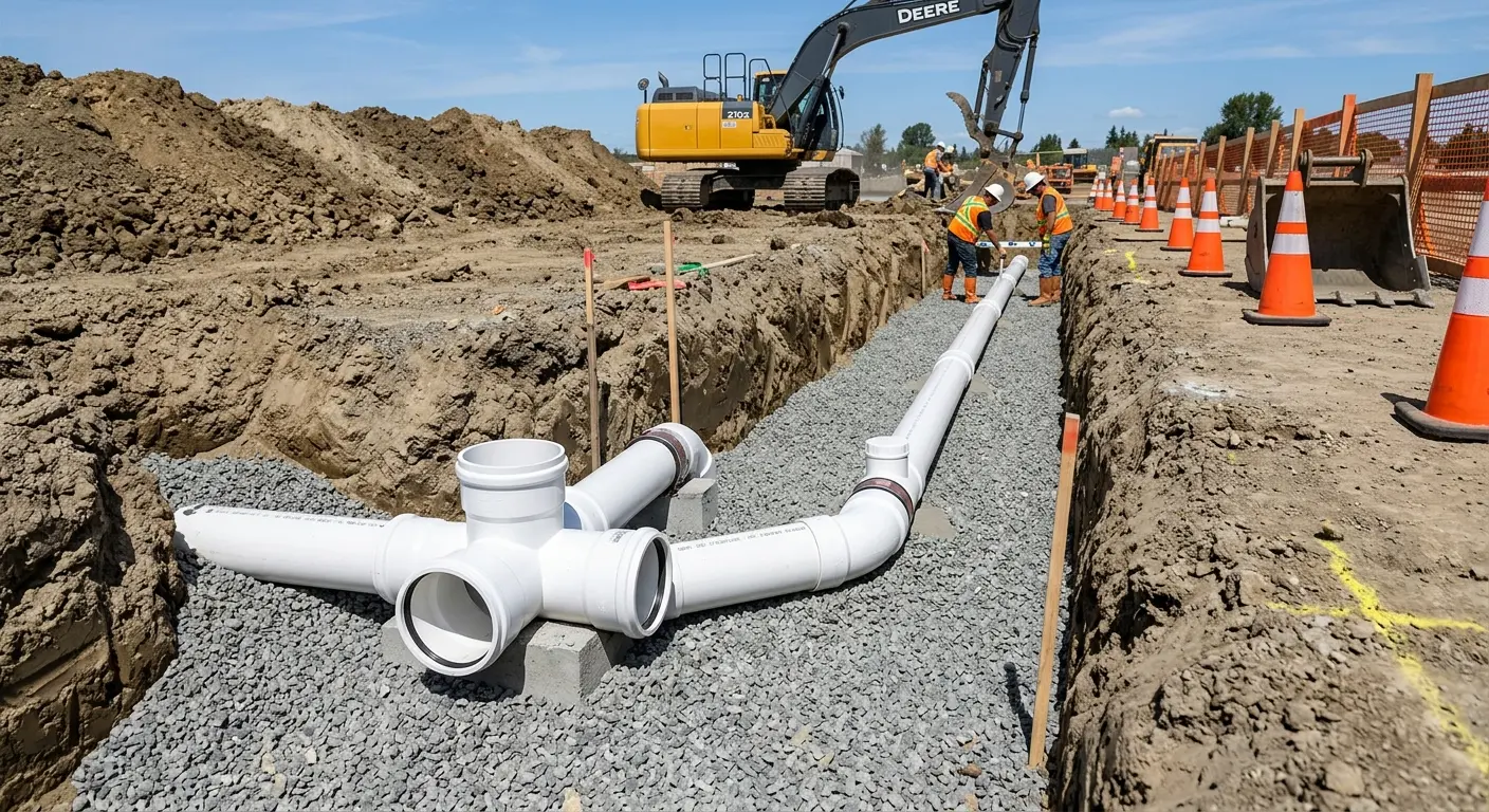 New PVC sewer pipe installation in open trench for Sewer Backup in Sergeant Bluff