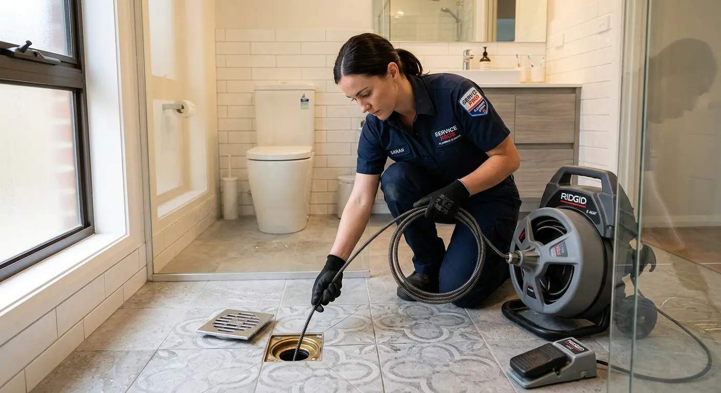 Technician clearing a bathroom floor drain for Clogged Drain Repair in Sergeant Bluff